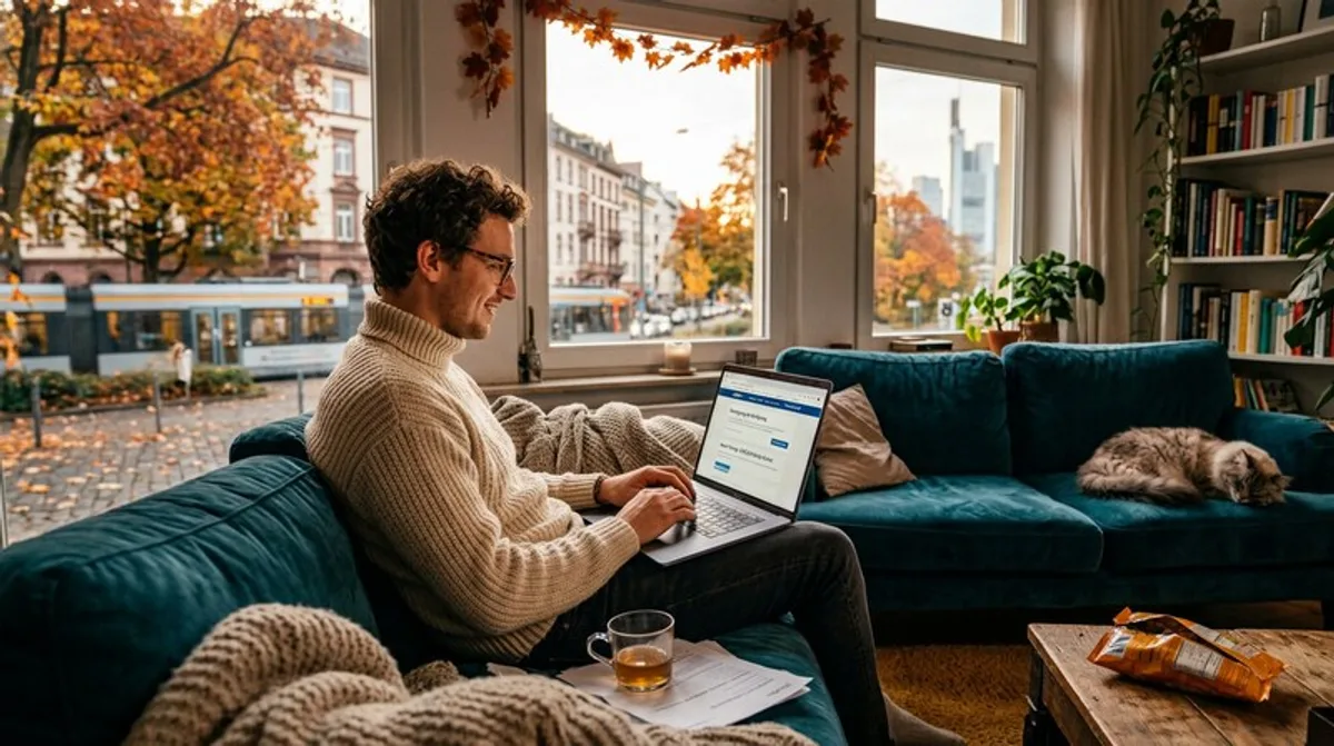 Berater erklärt Hausratversicherung am Laptop im Büro