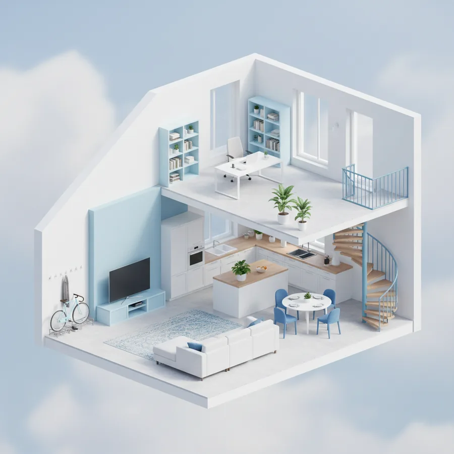 Illustration: Wohnung im Querschnitt mit Möbeln, Elektronik und Fahrrad