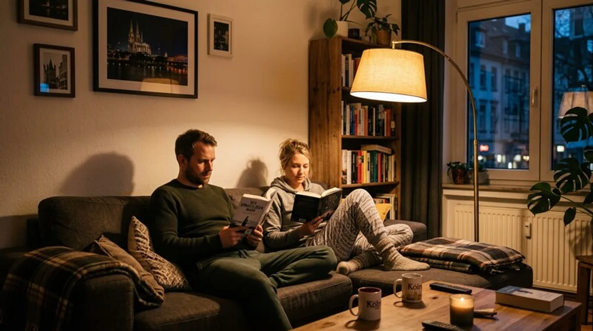 Glückliches Paar steht vor neuem Zuhause mit Schlüssel