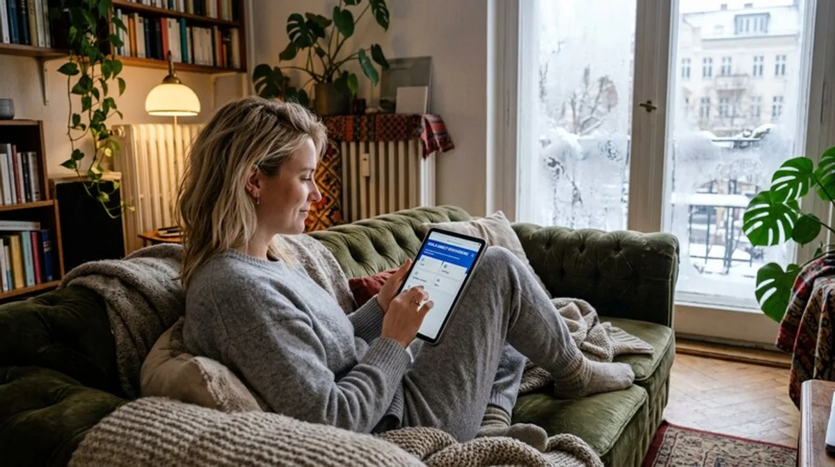 Frau scrollt durch Versicherungs-App auf Tablet im Wohnzimmer