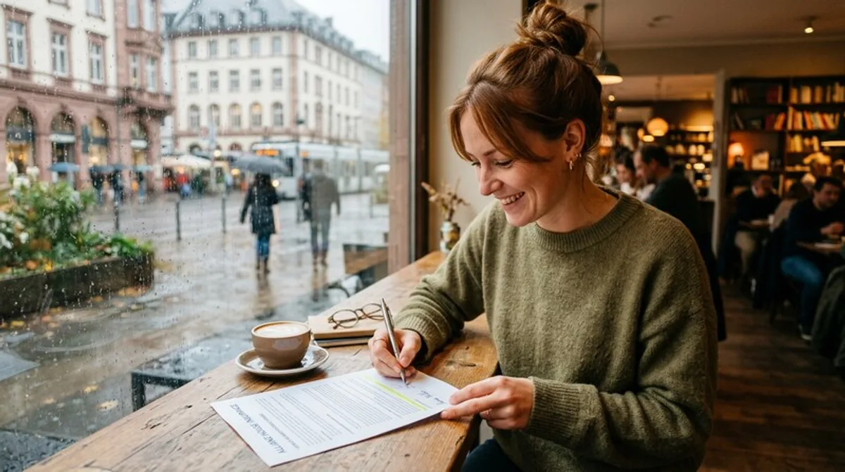 Frau unterschreibt lächelnd Versicherungsvertrag mit Stift